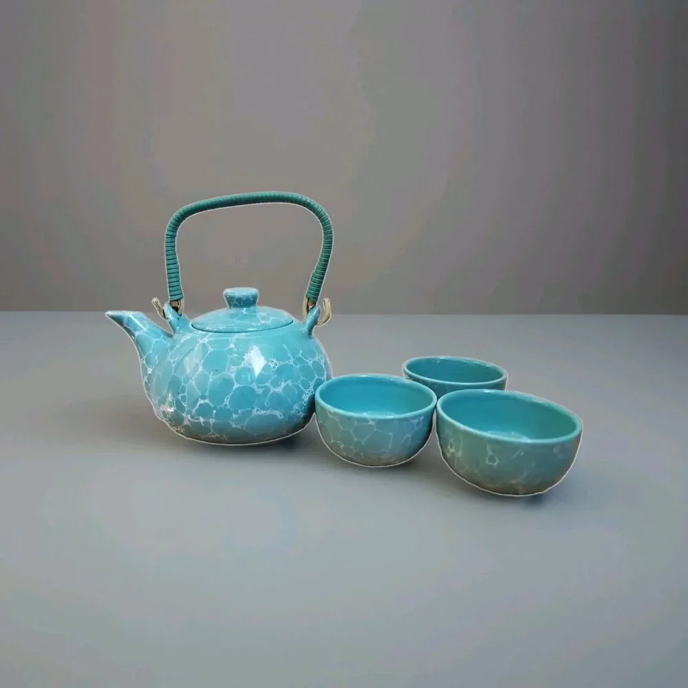 Teapot w Cups Teal Blue Ceramic Wicker Handle 4 pc Set Estate Vintage Marbled